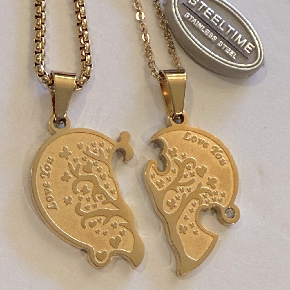 Steel time His & Hers 18 K Gold plated Heart “Love you”Pendant  Necklace Set